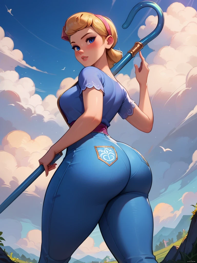 Betty, shorth hair, looking ahead at viewer, Blue simple shirt, dynamic angle, cowboy shot, blue simple pants, epic pose, ssmile, blush, bangss, blue staff, BIG ASS, plein-air, detailed back ground, cinematic, sky, clouds, best qualityer