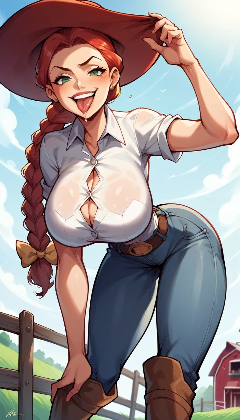 score_9, score_8_up, score_7_up, score_6_up, 1girl, JessieXLP all fours, leaning forward, evil smile, naughty face, tongue out, saliva, hat, red hair, braid, bow, belt, animal print, cow print, pants, boots,huge breasts, narrow waist, wide hips, thick thighs, looking at viewer, cowboy shot, cartoon, dynamic pose, smile, cute, wide shot, solo, farm, disney, from below,
 