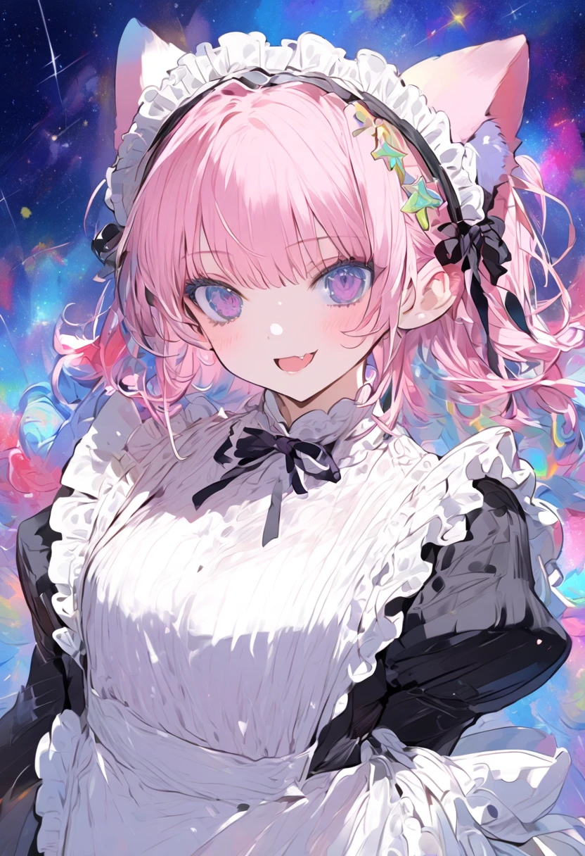  creates a colorful environment with a theme of stars and the universe ,  the central character has Neko ears, short pink hair and a maid's suit, The pose is like inviting you to his space cafeteria
 Serving you some tea