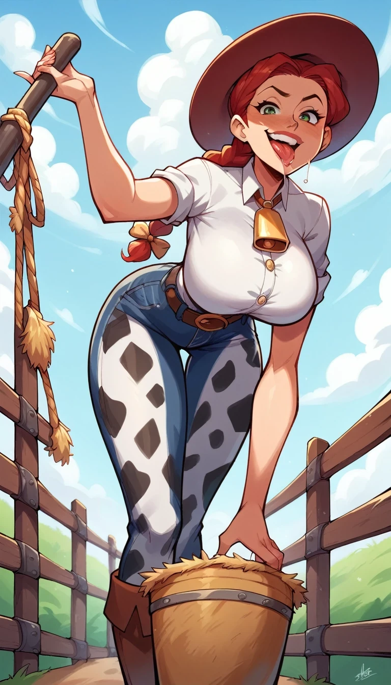 score_9, score_8_up, score_7_up, score_6_up, 1girl, JessieXLP all fours, leaning forward, evil smile, naughty face, tongue out, saliva, hat, red hair, braid, bow, belt, animal print, cow print, pants, boots,huge breasts, narrow waist, wide hips, thick thighs, looking at viewer, cowboy shot, cartoon, dynamic pose, smile, cute, wide shot, solo, farm, disney, from below,
 