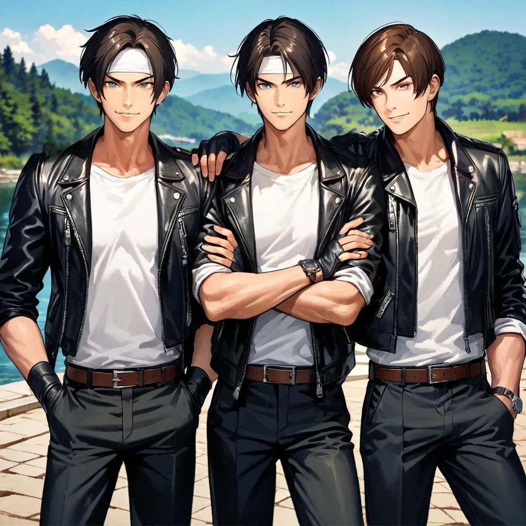 3 anime guys in leather jackets standing next to each other,  Handsome Anime Pose , Male Anime Style,   anime handsome man,  anime style, KOF Style ,  Realistic Anime Art Style , Style Anime,   high quality anime art style with long brown hair and blue eyes , Spectacular anime style, Three Futuristic Princes ,  ANIME REALISM STYLE ,  heart jewel necklace ,  anime styleに,  red eyes、smile