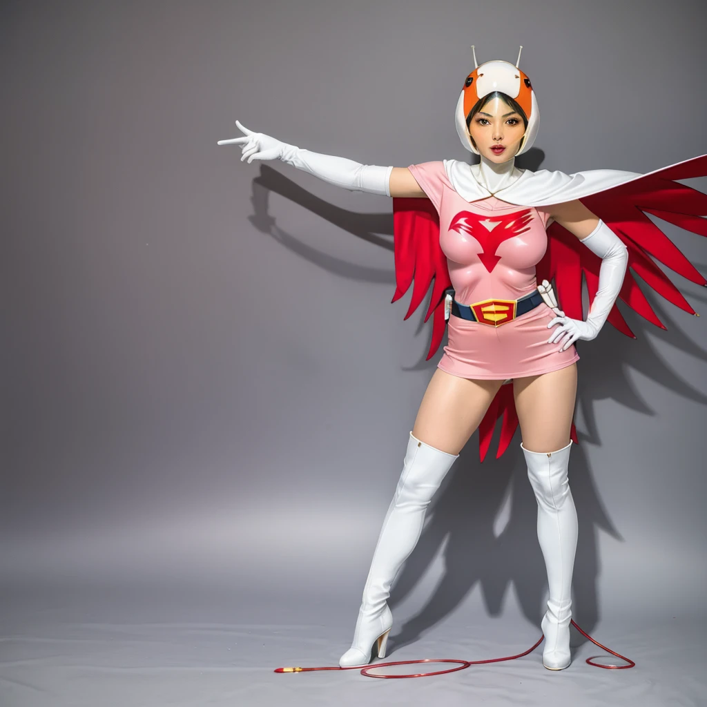 ANI_CLASSIC_jun_gatchaman_ownwaifu,1girl, 15 years old,good anatomy, masterpiece, best quality,realistic, hyperrealistic, 16k hdr,breasts,green eyes,lips,large breasts,lipstick,makeup,gloves,cape,helmet,belt,elbow gloves,white gloves,mask,ultra miniskirt,leotard,spacesuit,white tight overknee highheels boots,pink dress,superhero,bodysuit,cleavage,erected nipples,((stand poses,hands on hip)),cameltoe