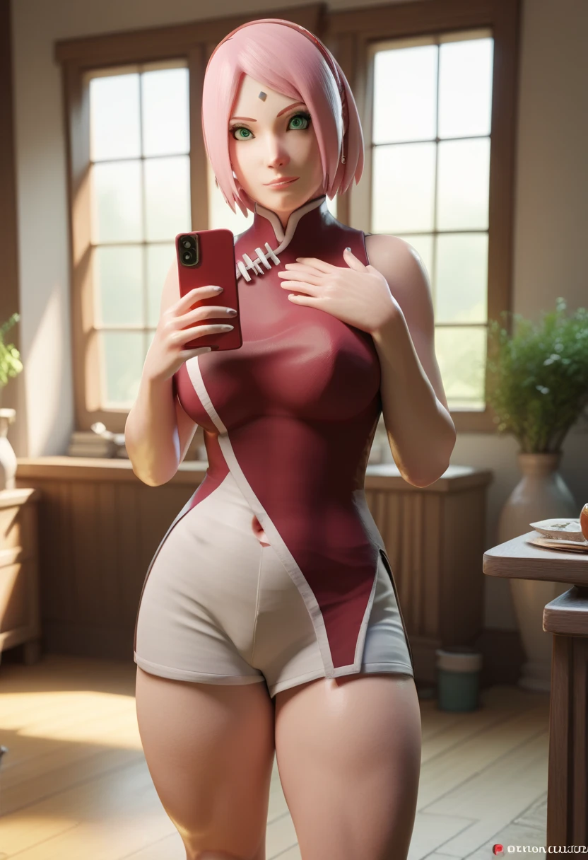 Sakura Haruno short pink hair green eyes medium large breasts healed belly thick legs big thighs healed with cell phone in her bare hand in front of the mirror posing sexy without clothes inside the orphanage surrounded by a  doing a  clutching around her waist taking off her 3D clothes