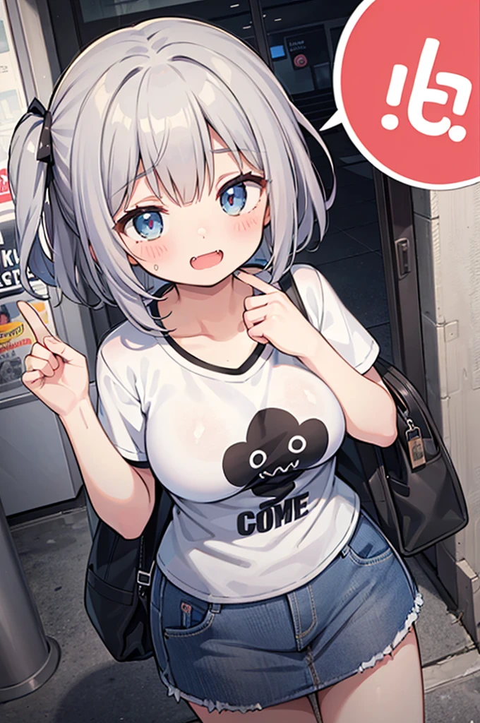 (masterpiece, best quality),solo, looking at viewer,stylish angle,active pose hana,blush,short gray hair,large breasts,white print Tshirt,blue miniskirt,evil smile,comic,manga,fang,open mouth,annoying,shopping center,looking up,from above,