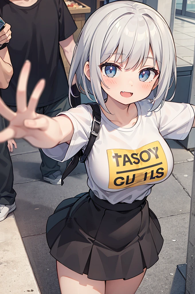 (masterpiece, best quality),solo, looking at viewer,stylish angle,active pose hana,blush,short gray hair,large breasts,white print Tshirt,blue miniskirt,evil smile,comic,manga,fang,open mouth,annoying,shopping center,looking up,from above,