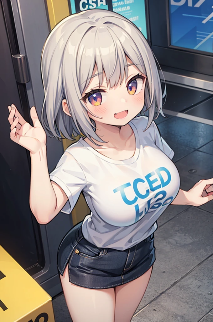 (masterpiece, best quality),solo, looking at viewer,stylish angle,active pose hana,blush,short gray hair,large breasts,white print Tshirt,blue miniskirt,evil smile,comic,manga,fang,open mouth,annoying,shopping center,looking up,from above,