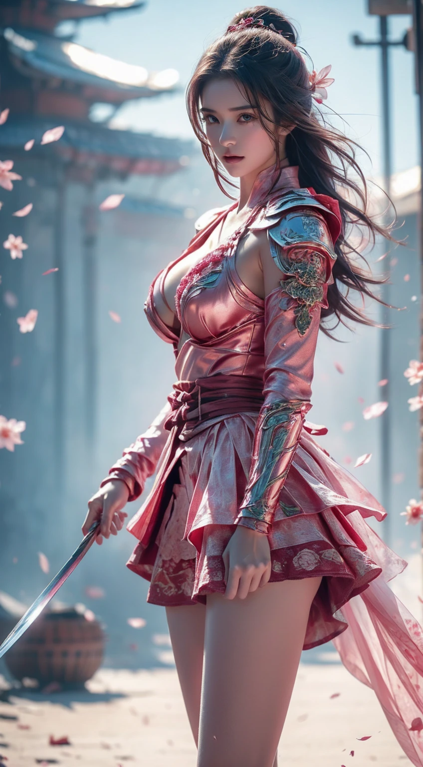 A sexy female character wearing pink armor as a warrior from the Sengoku period、((bob cut))、 bob cut 、((toned body))、(glistening skin)、 toned body、((mega breasts 1.8))、 plump breasts 、 plump thighs 、 Pink armor with a camellia pattern engraved on it is bikini type and is designed to emphasize chest exposure、( Wear a cloak with a camellia flower pattern )、peplum skirt、Pink shin guard with camellia flower engraved on it 、White high-leg underwear 、White tights、 absolute domain、((Seductive anguru))、((Seductive pose))、Dramatic lighting、cracked armor、 complex details、(Camellia flowers are in full bloom),Devastated Battlefield, Standing in the middle of a battlefield [A dull color palette],[Light tones],[An intrusive atmosphere:0.9]