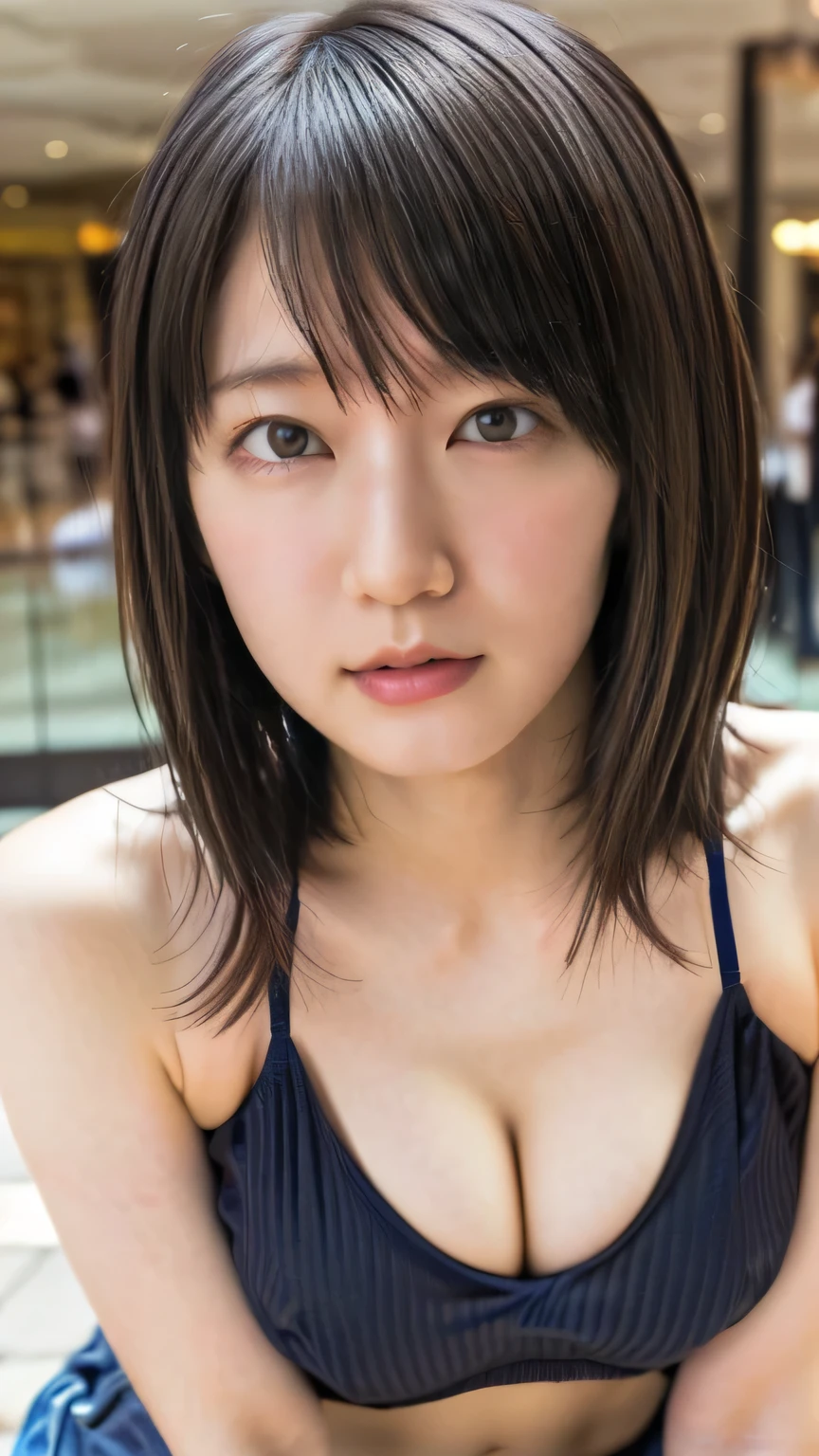 female 1 person、Beauty、 beautiful face、Angry face、 perfect styles、(Riho Yoshioka:1.3)、(( cleavage))、(((Front View)))、(((((slouch)))))、(((camisole that shows through the chest))),((( exhibitionist))), super real 、 super high resolution、 top quality、8k、masterpiece、((( shopping mall)))、( looking at the camera),
