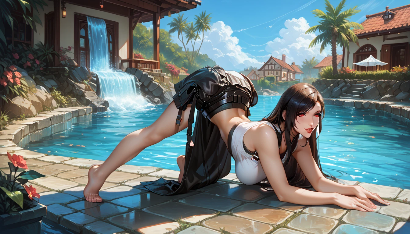 NSFW, realism, score_9, score_8_up, score_7_up, rating_ questionable , epiCPhoto,  1girl, black skirt, , the white blouse is very sexy (Tifa lockhart ,  without clothes, barefoot:1.1), in town by the fountain ,  on stone tiles , beautiful waifu, yoga,  long legs, thick, One, Cute, , sight, страстный sight,  half-closed eyes , head tilt, full lips, thick lips, makeup, photoshoot,  sexy position , face down ass up pose, camellia.