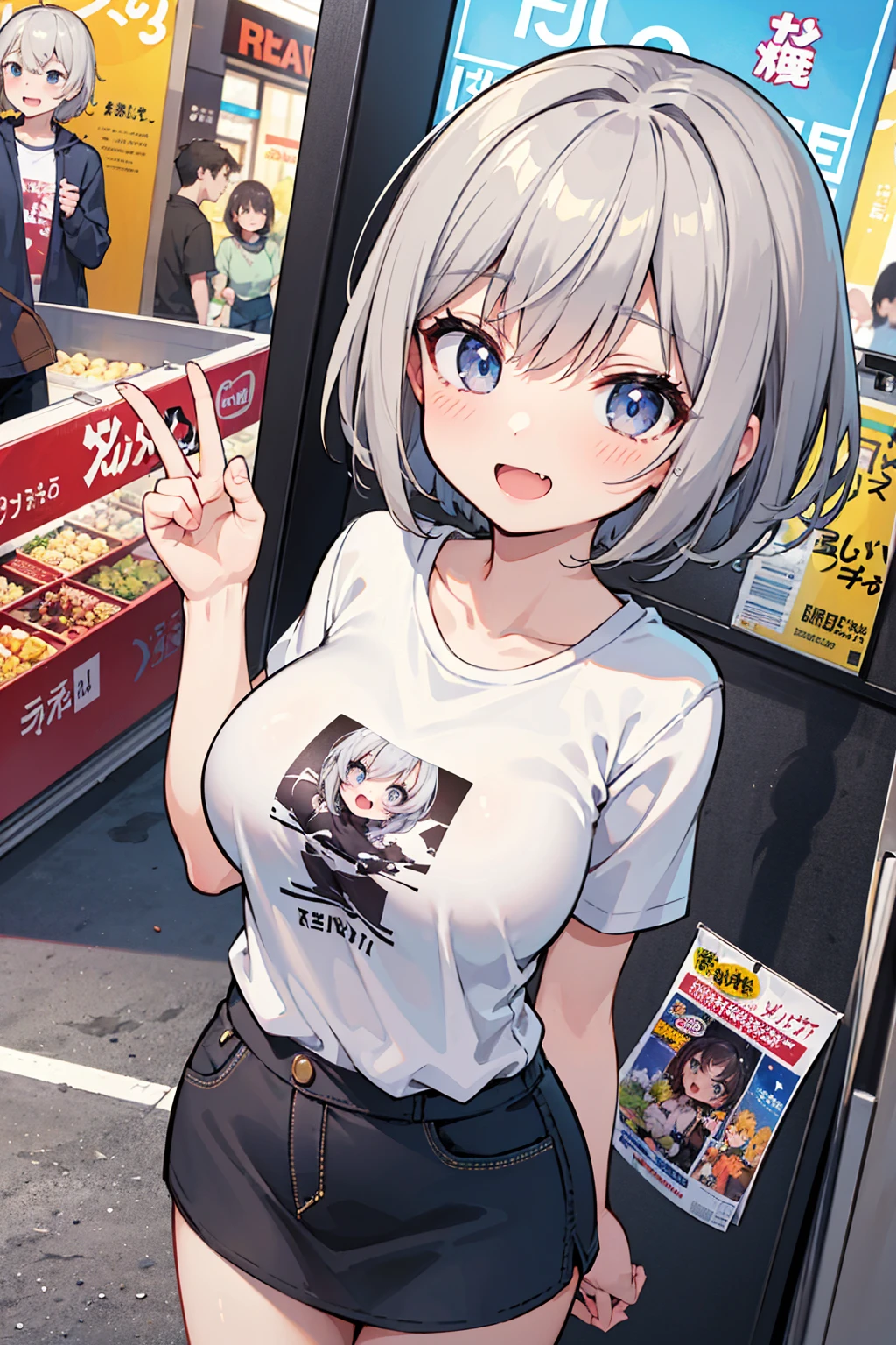 (masterpiece, best quality),solo, looking at viewer,stylish angle,active pose hana,blush,short gray hair,large breasts,white print Tshirt,blue miniskirt,evil smile,comic,manga,fang,open mouth,annoying,shopping center,looking up,from above,