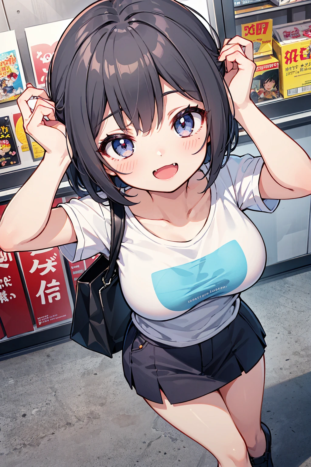 (masterpiece, best quality),solo, looking at viewer,stylish angle,active pose hana,blush,short gray hair,large breasts,white print Tshirt,blue miniskirt,evil smile,comic,manga,fang,open mouth,annoying,shopping center,looking up,from above,