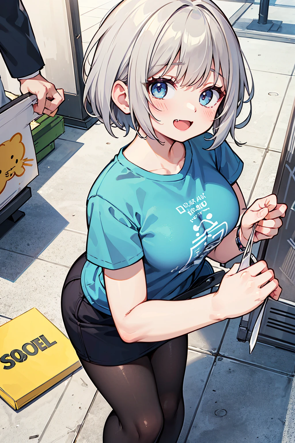 (masterpiece, best quality),solo, looking at viewer,stylish angle,active pose hana,blush,short gray hair,large breasts,white print Tshirt,blue miniskirt,evil smile,comic,manga,fang,open mouth,annoying,shopping center,looking up,from above,