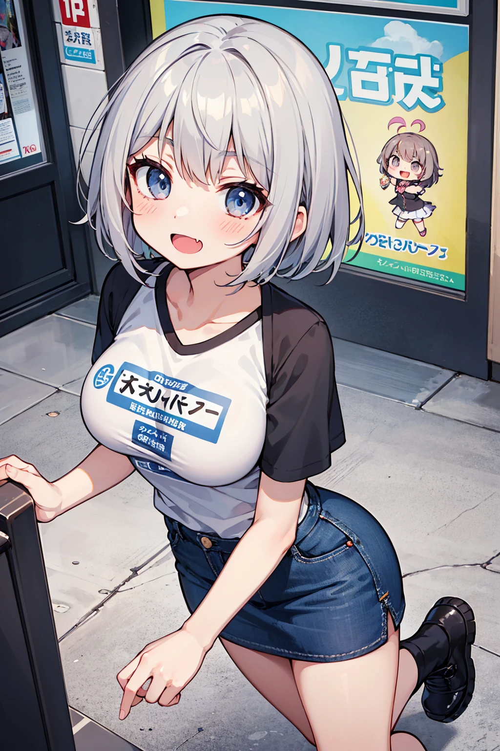 (masterpiece, best quality),solo, looking at viewer,stylish angle,active pose hana,blush,short gray hair,large breasts,white print Tshirt,blue miniskirt,evil smile,comic,manga,fang,open mouth,annoying,shopping center,looking up,from above,