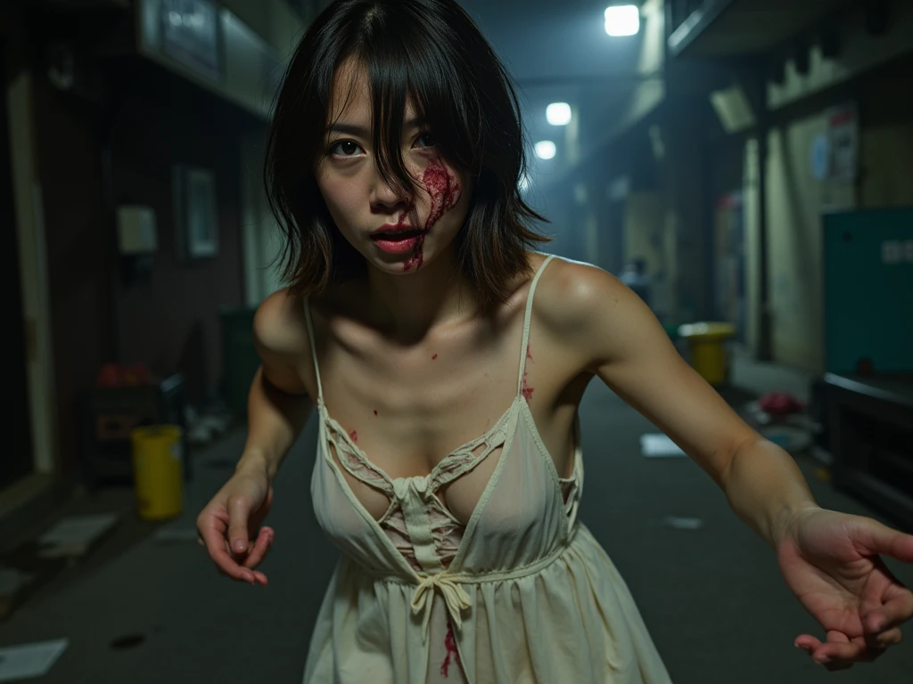a horrific Japanese school girl, half body cut off, walking on railway track, holding severed hand, detailed horror, dark gritty atmosphere, moody lighting, (best quality, 4k, 8k, highres, masterpiece:1.2), ultra-detailed, (realistic, photorealistic, photo-realistic:1.37), dark shadows, horror, gloomy, cinematic composition, dramatic lighting, chiaroscuro, muted colors, morbid, disturbing, unsettling, visceral, gruesome, gory, graphic violence, detailed blood and gore, unsettling realism
