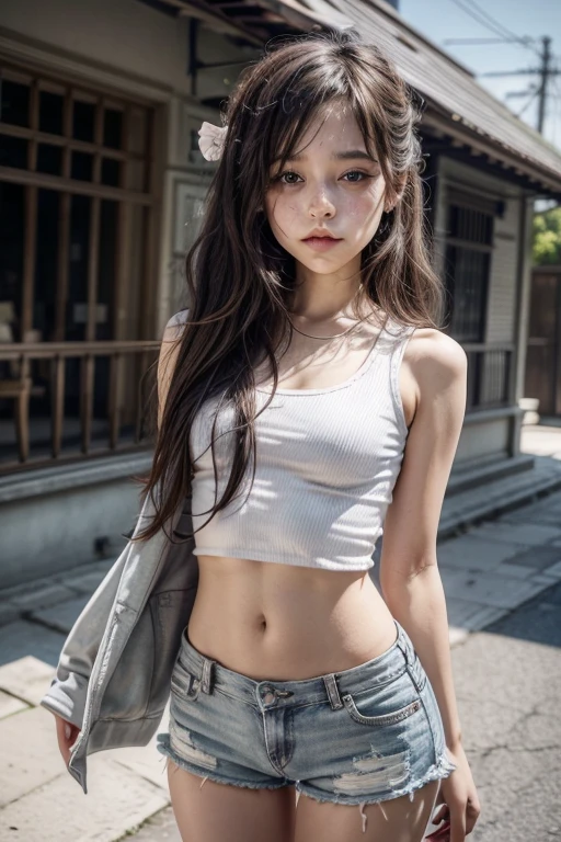  anime girl, r skin, whole body, small stature, medium loose black top, exposed ambomen, short denim shorts, long brown hair.