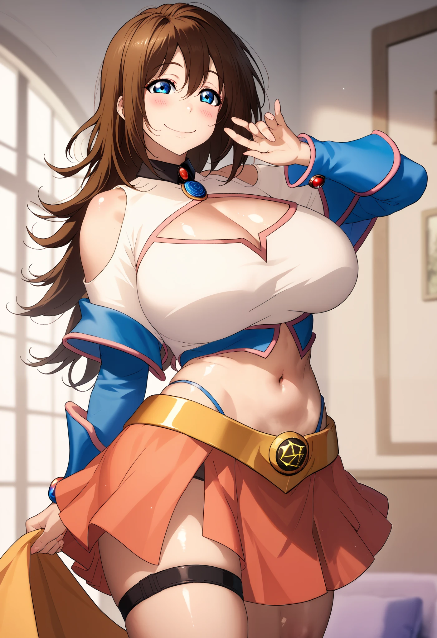 osaka shizuku, highres,brown hair, blue eyes, blush, huge breasts, White crop top, central cleavage cutout,navel,long sleeves,curved waistband skirt ,low-cut front skirt, long hair, looking at viewer, smile, RUKIA Style ,shiny skin, cowboy shot , magician girl