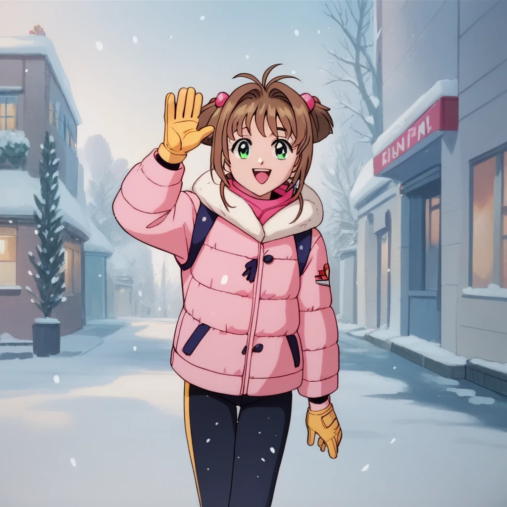 Kinomoto Sakura, she has green eyes, She has brown hair styled in two pigtails with red hair ties, standing, happy, waving at the viewer. She is dressed in a pink snow jacket, pink snow pants, yellow snow gloves, 
one arm behind the back. She has a fair complexion and a petite build, outdoors, winter cityscape, chilly day, snowing,