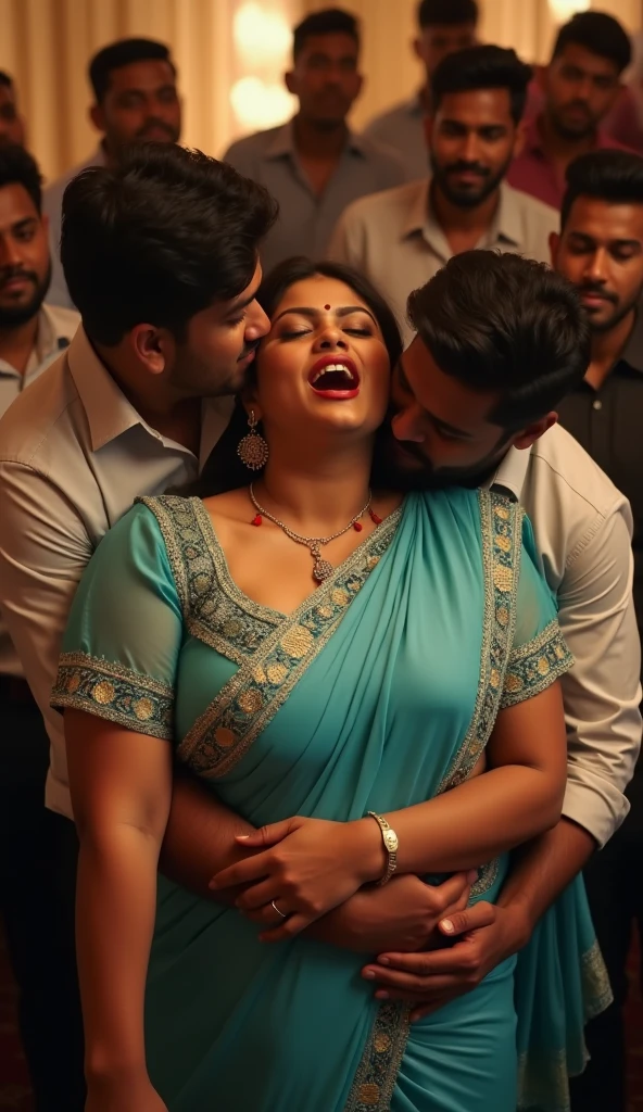 a 50-year-old shirtless man affectionately hugging and kissing aradiant, full-figured South Indian plus-sized 30 year old teacher wearing a cream silky saree in dressing room, captured in a full-body image with vibrant hues and meticulous details. Full body image