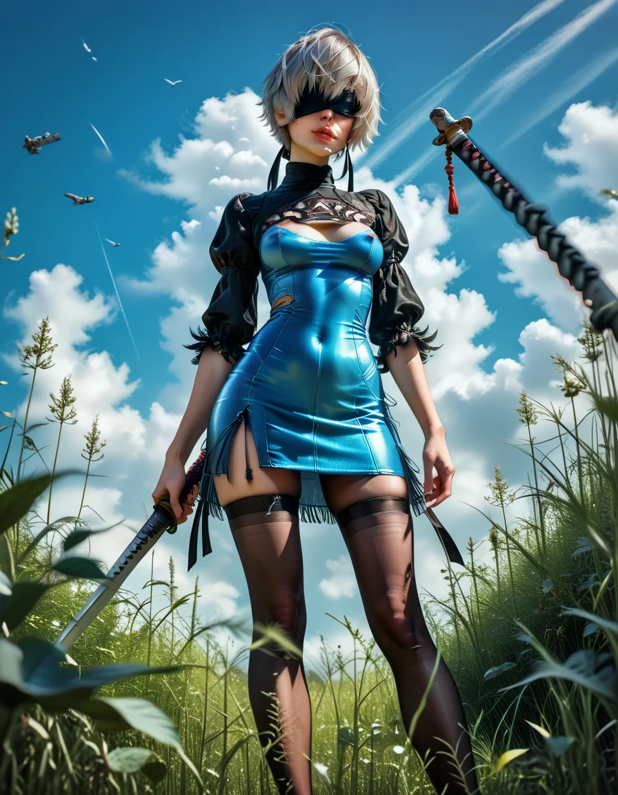 1woman, (2B), (Nier Automata: 2B), (detailed face), beautiful lips, silver hair in a bob style, blindfold over eyes, pale skin, (fitted, 3/4 cropped, tomboy style skirt:1.27), (high side slit in dress), (high legged unitard under skirt:1.37), absolute territory showing, (black thigh high pantyhose), skindentation, stiletto heels, erect nipples, wielding giant oni katana over shoulder, viewed from slightly below, on a grassy hill, wind motion in the grass