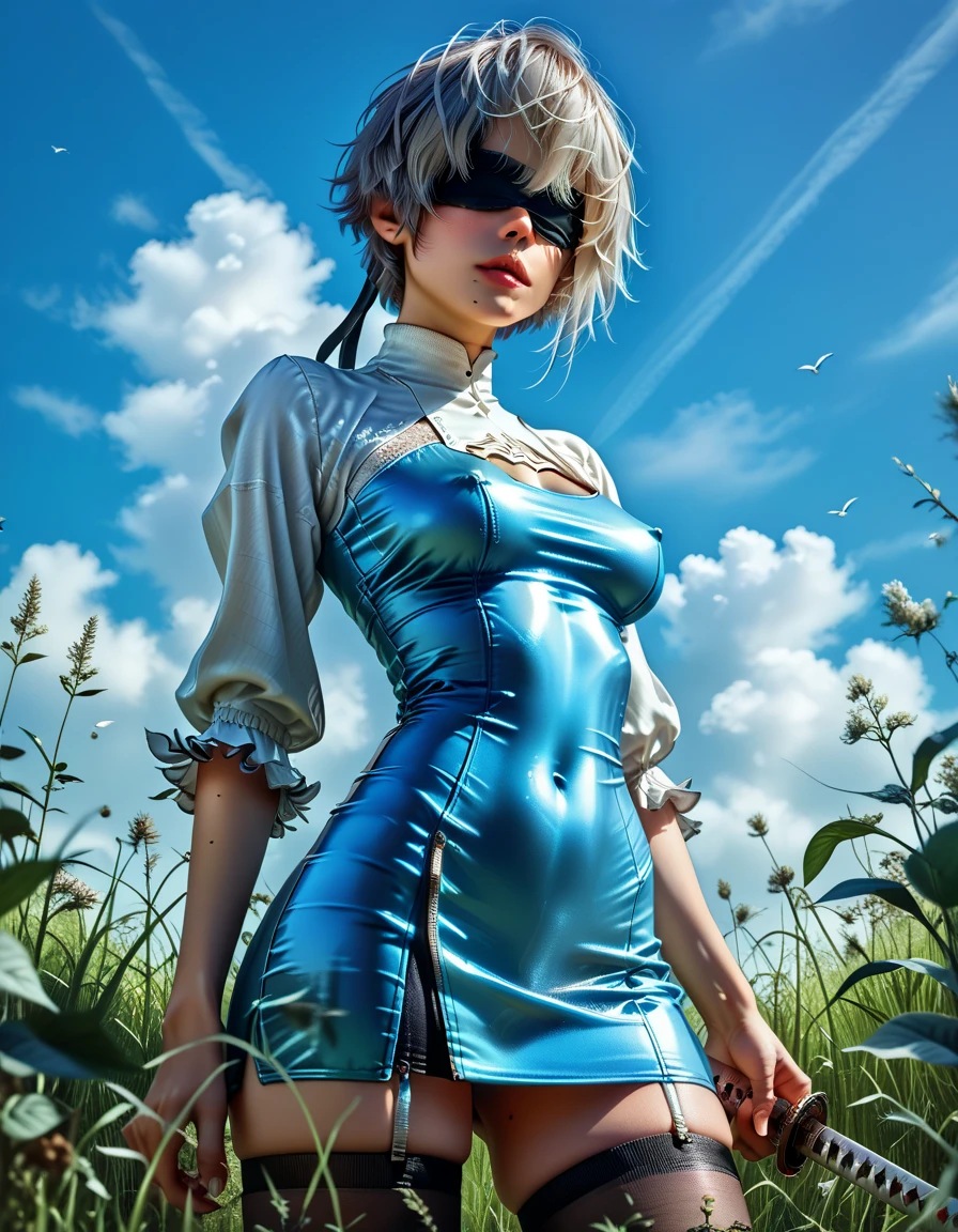 1woman, (2B), (Nier Automata: 2B), (detailed face), beautiful lips, silver hair in a bob style, blindfold over eyes, pale skin, (fitted, 3/4 cropped, tomboy style skirt:1.27), (high side slit in dress), (high legged unitard under skirt:1.37), absolute territory showing, (black thigh high pantyhose), skindentation, stiletto heels, erect nipples, wielding giant oni katana over shoulder, viewed from slightly below, on a grassy hill, wind motion in the grass