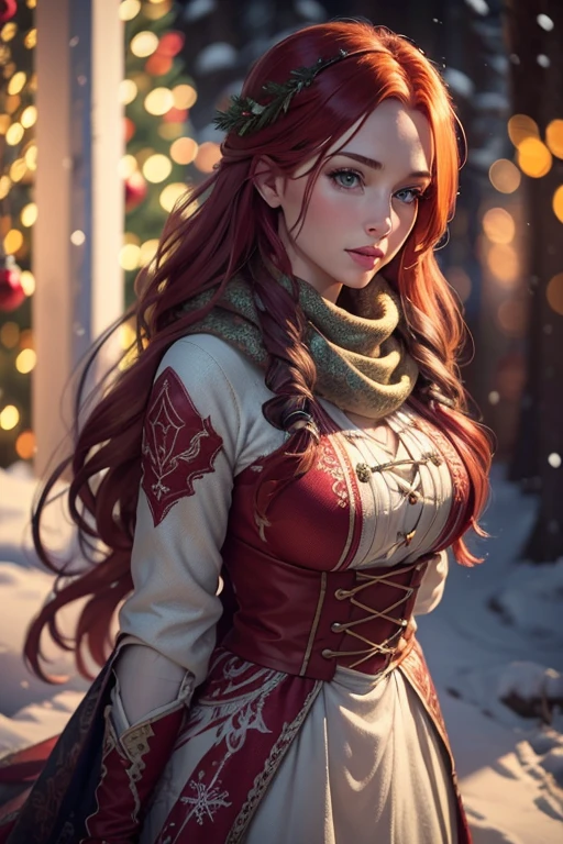 ((best quality)), ((masterpiece)), (detailed), (best qualityer,high resolution,work of art:1.2), (realisitic:1.2), analog photo style, Nordic warrior woman, fantasy snow scenery, braided red hair, whole body, soft natural light, cute and sexy, pleasure, detailed face and blue eyes, great quality, work of art, northern detailed background, 16k quality, CRU photo