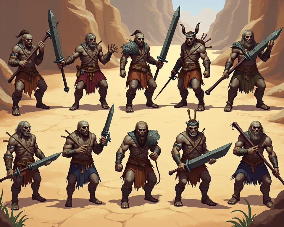 stone golem wielding a metal pipe, cyclops, humanoid, tribal clothes