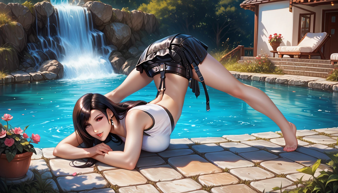 nsfv, realism, score_9, score_8_up, score_7_up, rating_  questionable  , epiCPhoto,   1girl, black skirt, ,   white blouse is very sexy ( TIFA LOCKHART  ,   without clothes, barefoot:1.1),  in town by the fountain   ,   on stone tiles   , beautiful waifu, yoga,   long legs, thick, One, Cute, , sight, страстный sight,   half-closed eyes  , head tilt, full lips, thick lips, makeup, photoshoot,   sexy position  , face down ass up pose, camellia .