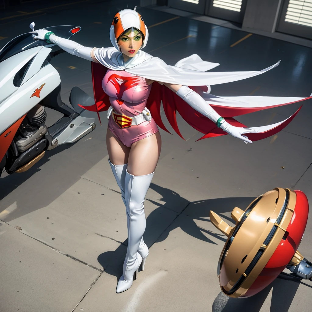 ANI_CLASSIC_jun_gatchaman_ownwaifu,1girl, ,good anatomy, masterpiece, best quality,realistic, hyperrealistic, 16k hdr, long hair,breasts,green eyes,lips,large breasts,lipstick,makeup,gloves,cape,helmet,belt,elbow gloves,white gloves,mask,ultra miniskirt,leotard,spacesuit,white tight overknee highheels boots,pink dress,superhero,bodysuit,cleavage,erected nipples,(sexy pose,front view),(spread legs:1.1),cameltoe