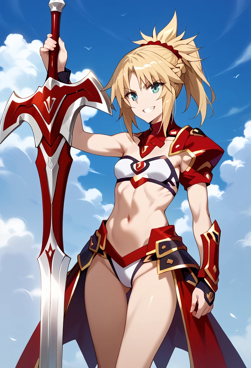 A high definition, highly detailed, highres picture of Mordred {Fate Apocrypha} with blonde hair, blue eyes, slender, small breasts, athletic; wearing skimpy battle armor, bare arms, bare belly, bare legs; holding a silver sword with red-hilt and red cross-guard; a slightly wild grin on her face. 