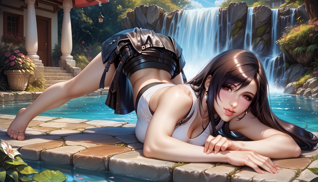 nsfv, realism, score_9, score_8_up, score_7_up, rating_  questionable  , epiCPhoto,   1girl, black skirt, ,   white blouse is very sexy ( TIFA LOCKHART  ,   without clothes, barefoot:1.1),  in town by the fountain   ,   on stone tiles   , beautiful waifu, yoga,   long legs, thick, One, Cute, , sight, страстный sight,   half-closed eyes  , head tilt, full lips, thick lips, makeup, photoshoot,   sexy position  , face down ass up pose, camellia .