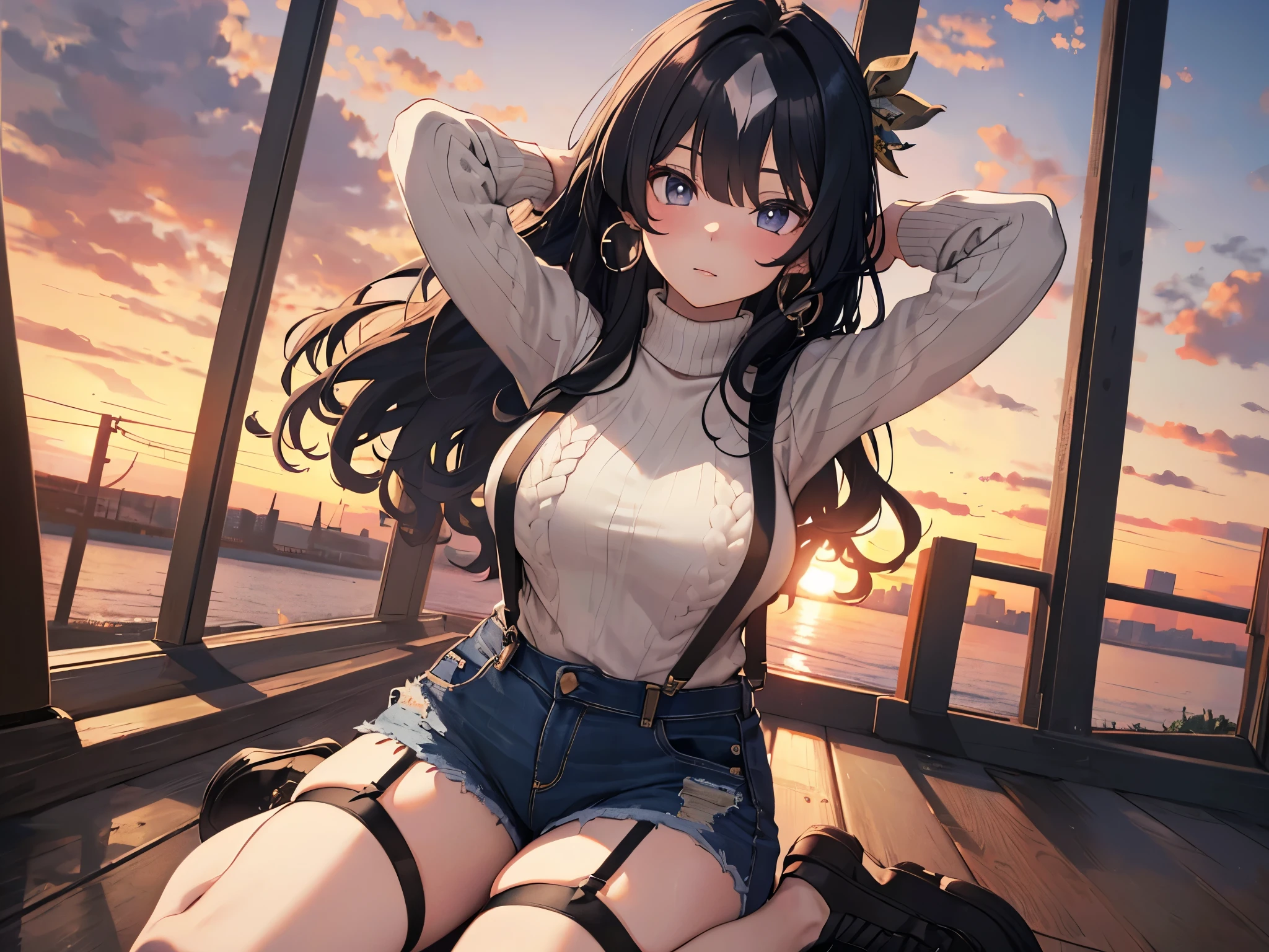 Alone, 1 Female, (Human Ear, Earrings、Enhance the nipples), (Black Hair, Long Hair Down), (Lying  with Arms Behind Head),( kneeling、slouch)、 (Anime Face, ahegao), (Hair Accessories), (Suspenders, Dress Up, Long Cable Knit Sweater, Denim Shorts, garter belt, Stockings), (Sunset Sky, Sunset, Evening Sky), (Focus on Breasts, Dynamic Angle), (High Resolution, Masterpiece, Accurate, Anatomically Correct, Multiple Award Winning Condition, Top Quality, Detailed, High Quality Model, High Quality, retina, Highly Detailed Condition), Textured Skin, Ultra High Resolution).