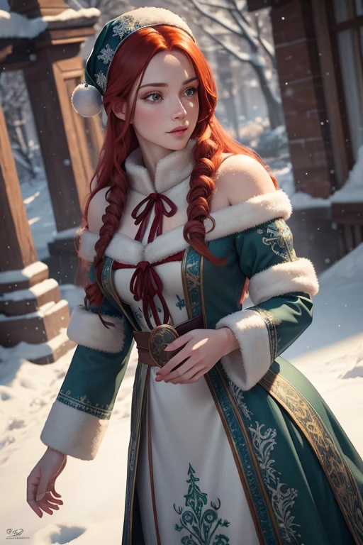 ((best quality)), ((masterpiece)), (detailed), (best qualityer,high resolution,work of art:1.2), (realisitic:1.2), analog photo style, Nordic warrior woman, fantasy snow scenery, braided red hair, whole body, soft natural light, cute and sexy, pleasure, detailed face and blue eyes, great quality, work of art, northern detailed background, 16k quality, CRU photo