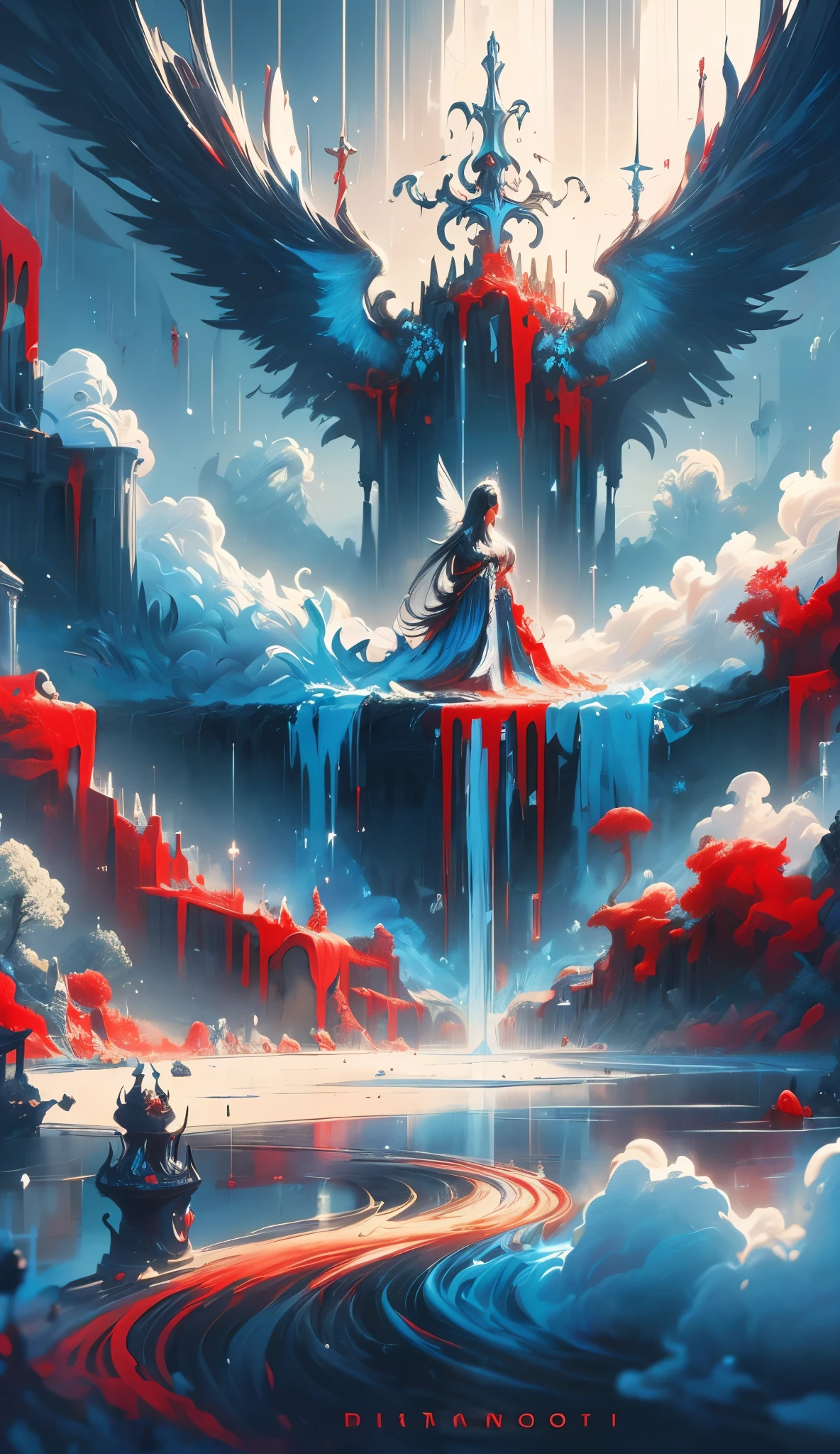 black and white and blue and red,(best quality, ultra-detailed, high resolution, extremely detailed cg),wide shot,dead angels stand on cliff edge,she is very beautiful,she like blood and sea,bloody rain, mystical,fanatic, intricate, surreal,delicate