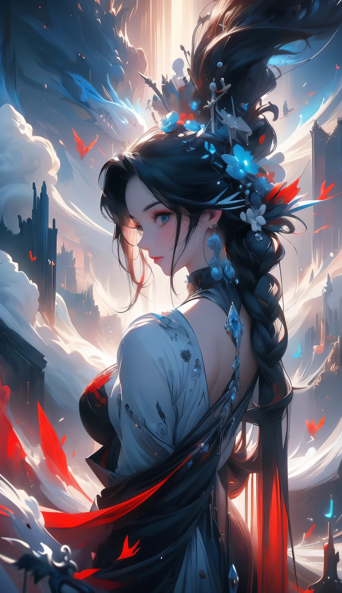 black and white and blue and red,(best quality, ultra-detailed, high resolution, extremely detailed cg),wide shot,dead angels stand on cliff edge,she is very beautiful,she like blood and sea,bloody rain, mystical,fanatic, intricate, surreal,delicate