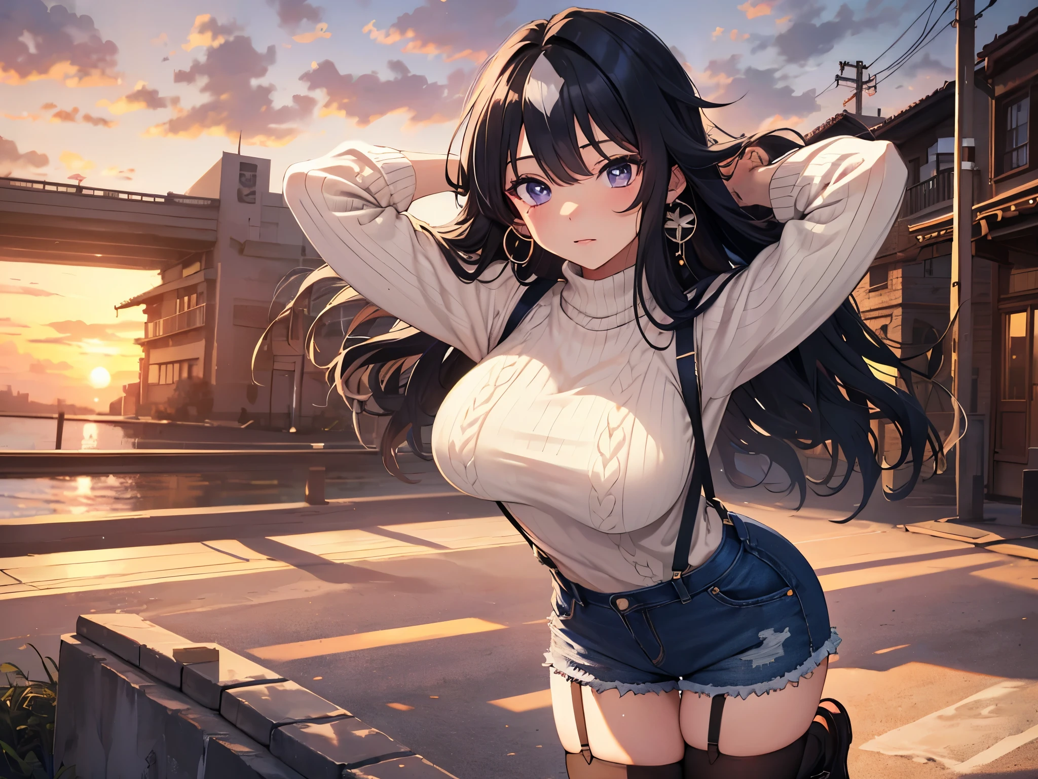 Alone, 1 Female, (Human Ear, Earrings), (Black Hair, Long Hair Down), (Lying  with Arms Behind Head),( kneeling、slouch)、 (Anime Face, ahegao), (Hair Accessories), (Suspenders,  dress, Long Cable Knit Sweater, Denim Shorts, garter belt, Stockings), (Sunset Sky, Sunset, Evening Sky), (Focus on Breasts, Dynamic Angle), (High Resolution, Masterpiece, Accurate, Anatomically Correct, Multiple Award Winning Condition, Top Quality, Detailed, High Quality Model, High Quality, retina, Highly Detailed Condition), Textured Skin, Ultra High Resolution).