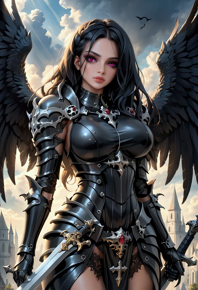 a woman in armor holding a sword and a sword, angel knight gothic girl, villainess has black angel wings, detailed fantasy art, angel knight girl, epic fantasy art style hd, 4k fantasy art, dark armor, stunning armor, hd fantasy art, deathknight, 8k fantasy art, highly detailed fantasy art, wow 4 k detail fantasy, dark angel