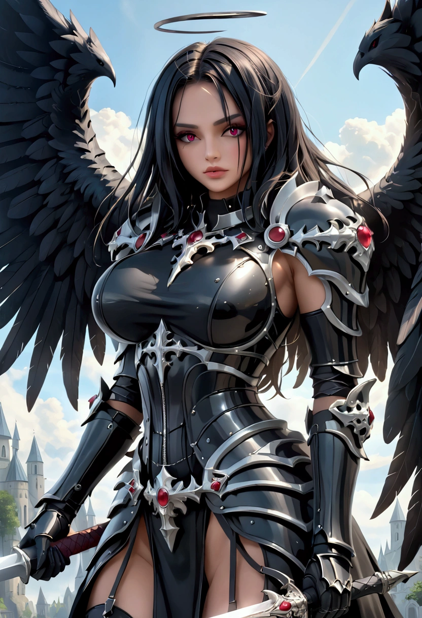 a woman in armor holding a sword and a sword, angel knight gothic girl, villainess has black angel wings, detailed fantasy art, angel knight girl, epic fantasy art style hd, 4k fantasy art, dark armor, stunning armor, hd fantasy art, deathknight, 8k fantasy art, highly detailed fantasy art, wow 4 k detail fantasy, dark angel