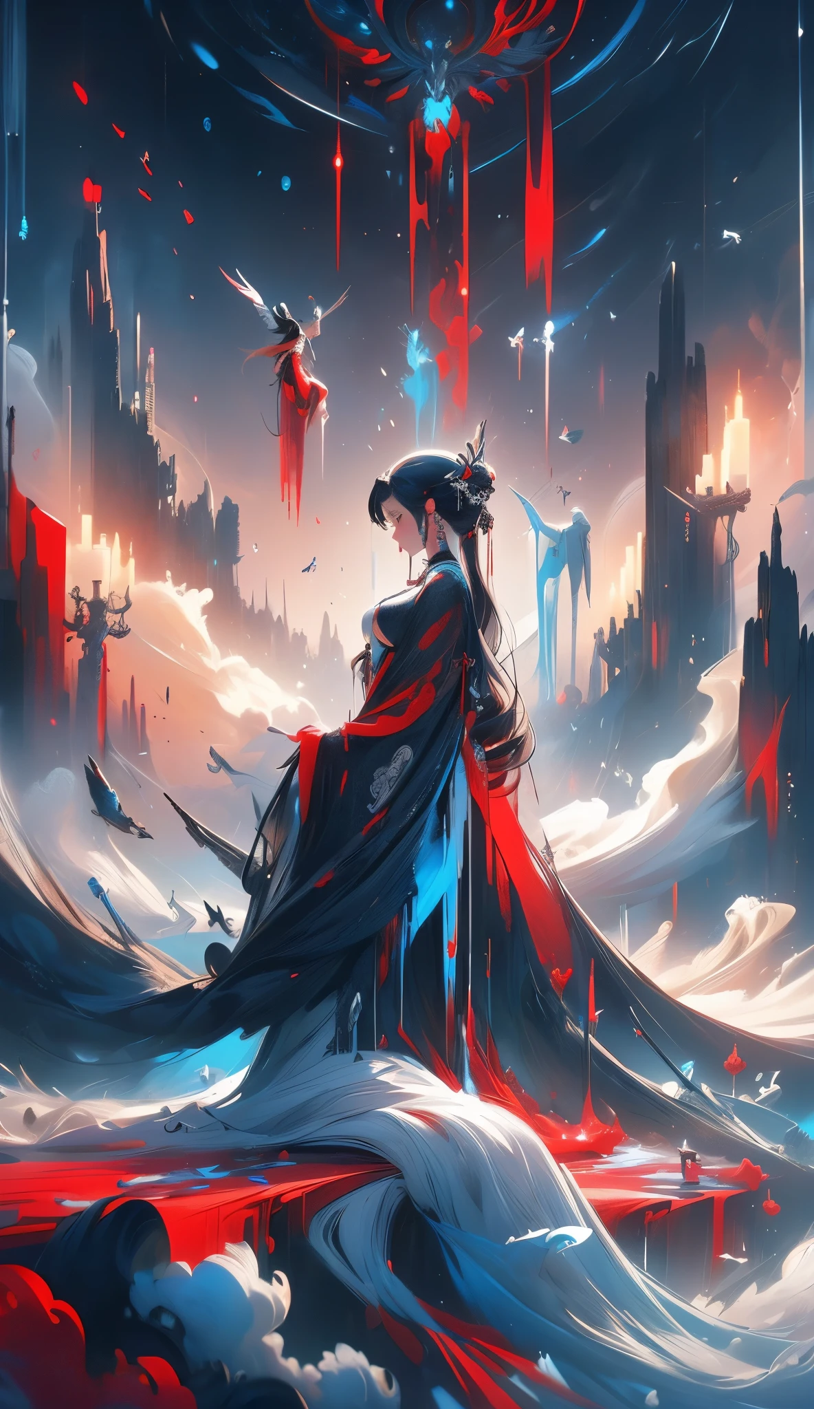 black and white and blue and red,(best quality, ultra-detailed, high resolution, extremely detailed cg),wide shot,dead angels stand on cliff edge,she is very beautiful,she like blood and sea,bloody rain, mystical,fanatic, intricate, surreal,delicate