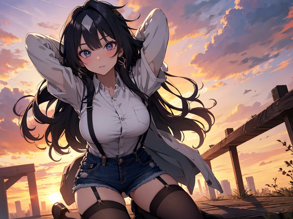 Alone, 1 Female, (Human Ear, Earrings), (Black Hair, Long Hair Down), (Lying  with Arms Behind Head),( kneeling、slouch)、 (Anime Face, ahegao), (Hair Accessories), (Suspenders,  dress, Denim Shorts, garter belt, Stockings), (Sunset Sky, Sunset, Evening Sky), (Focus on Breasts, Dynamic Angle), (High Resolution, Masterpiece, Accurate, Anatomically Correct, Multiple Award Winning Condition, Top Quality, Detailed, High Quality Model, High Quality, retina, Highly Detailed Condition), Textured Skin, Ultra High Resolution).