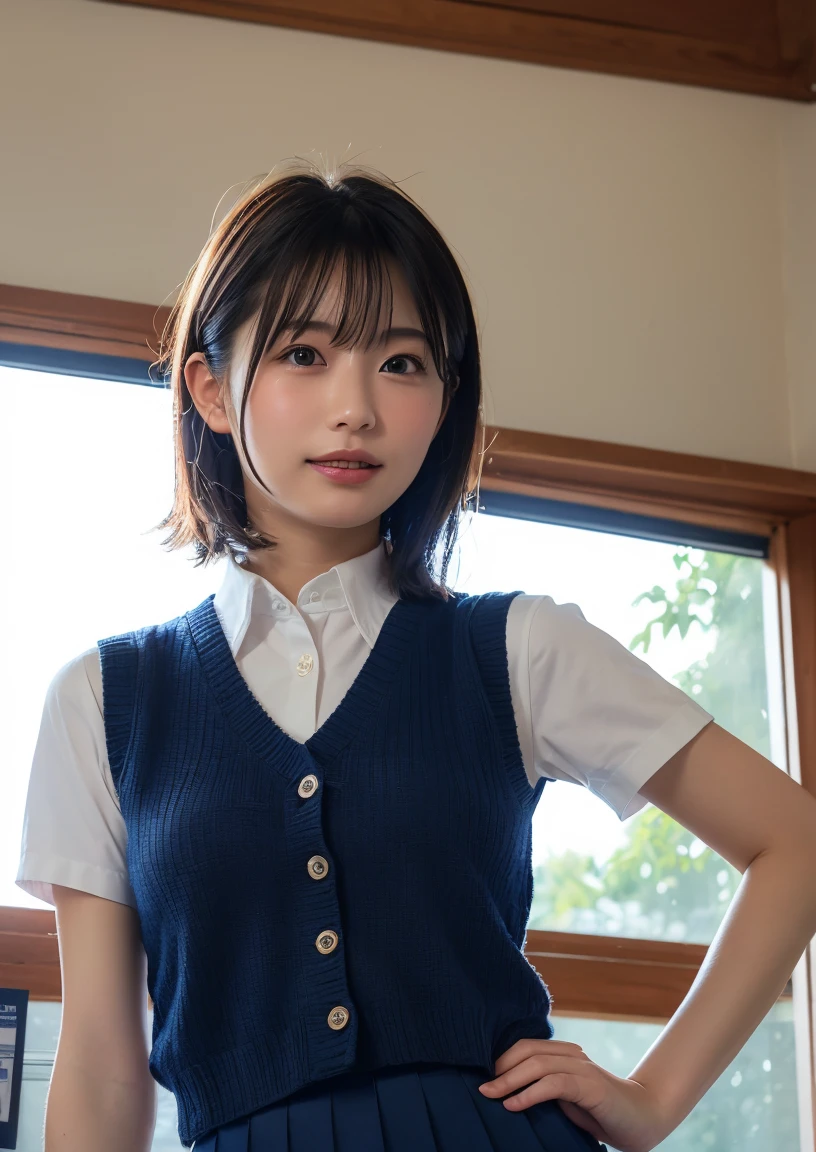 (masterpiece:1.2, highest quality), (realistic, photorealistic:1.4), beautiful illustrations, (natural side lighting, movie lighting), Depth of written boundary,
looking at the viewer, Front view, 1 girl, English, high school girl, 20 years old, perfect face, Cute symmetrical face, shiny skin, open legs,
(bob hair:1.7,blonde), asymmetrical bangs, Big eyes, droopy eyes, long eyelashes chest), thin,
beautiful hair, beautiful face, fine and beautiful eyes, beautiful clavicle, beautiful body, beautiful breasts, beautiful thighs, beautiful feet, beautiful fingers,
((fine fabric texture, brown knit vest, short sleeve white collar shirt, navy pleated skirt, Navy bow tie)),
(beautiful scenery), evening, (Inside the flower shop), Are standing, (smile, Upper grade, open your mouth), (((skirt lift, white panties, genitals visible))), full body shot, dark blue socks, sexy face,