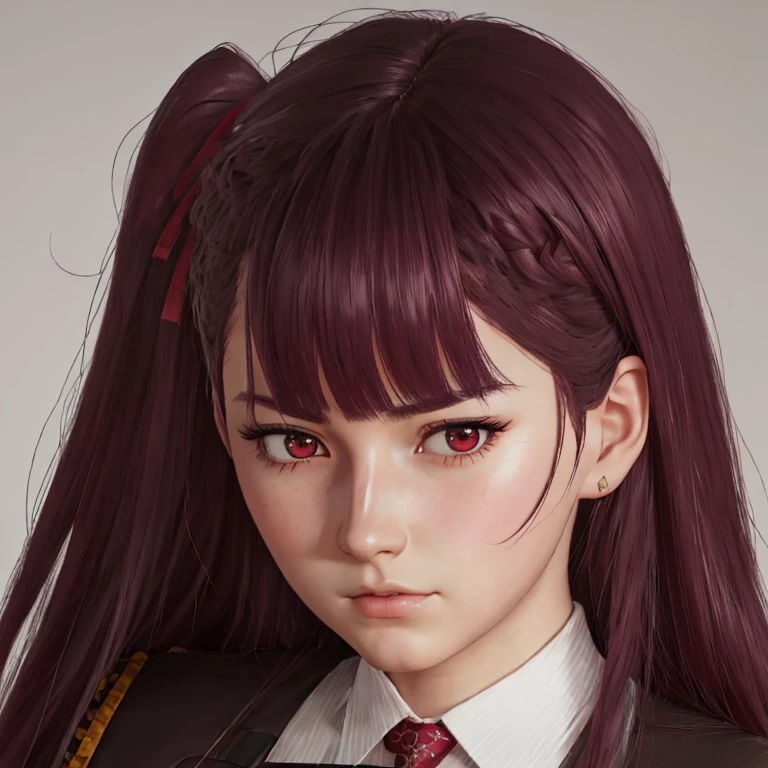      There is a woman with long hair who wears a suit and tie., colegiala hiperrealistic, a colegiala hiperrealistic, Realistic young anime girl     ,     Anime-style realism    ,  estilo de arte anime realistic ,  estilo de arte de anime realistic , Estilo anime 3D realistic, portrait of an anime girl,      artwork in the style of Guweiz     , Detailed portrait of an anime girl,     incredible anime face portrait    .  model,     of German origin (beautiful,elegant,sexy)  And Russian    (beautiful,sexy,linda) ,     just looking at the viewer  , (realistic:1.4), (:1.0), Ojos rojos,     Round pupils     (perfecta), eyelashes(perfecta),form (perfecta),form(better light), beautiful eyes, shirt, jacket, red tie,  white skin  ,  white skin  pálida, white skin(better light),(  burgundy hair color    ), Braid, (one side up:1.2), (     hair band   ), (blush, ashamed), (while getting angry),(Detailed, ultra-Detailed, high Detailed, ultra realistic 8k CG,     perfect artwork, lyrical), wooden table, flores, information,  no benefit   