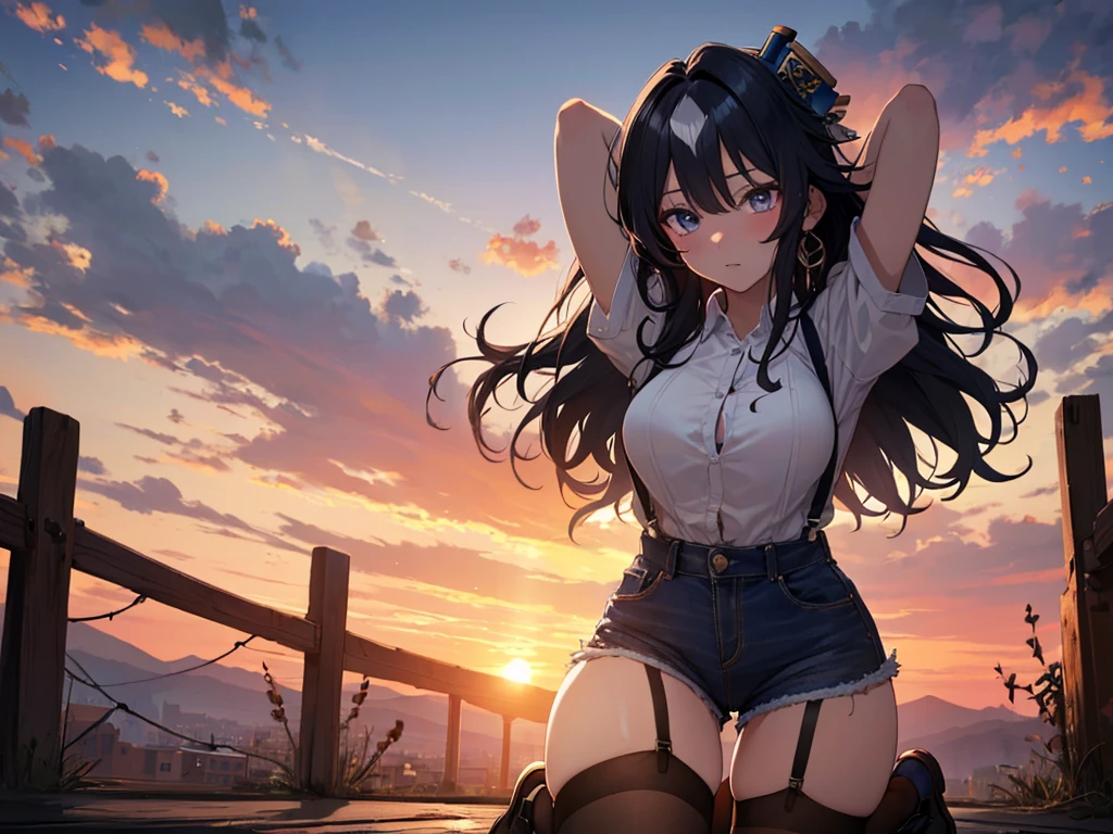 Alone, 1 Female, (Human Ear, Earrings), (Black Hair, Long Hair Down), (Lying  with Arms Behind Head),( kneeling、slouch)、 (Anime Face, ahegao), (Hair Accessories), (Suspenders,  dress, Denim Shorts, garter belt, Stockings), (Sunset Sky, Sunset, Evening Sky), (Focus on Breasts, Dynamic Angle), (High Resolution, Masterpiece, Accurate, Anatomically Correct, Multiple Award Winning Condition, Top Quality, Detailed, High Quality Model, High Quality, retina, Highly Detailed Condition), Textured Skin, Ultra High Resolution).