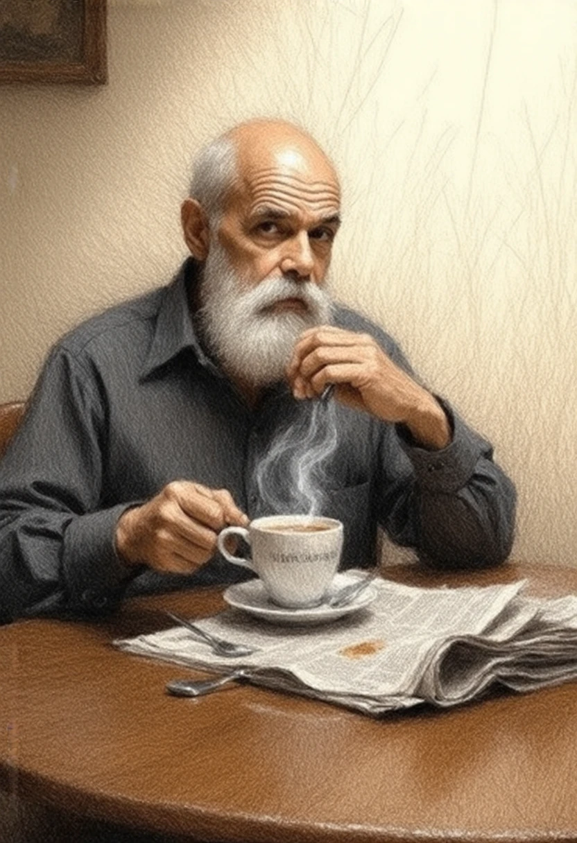 a bald man with a long white beard sitting at a breakfast table,drinking coffee,reading a newspaper,detailed portrait,photorealistic,high quality,intricate details,warm lighting,natural colors,calm expression,comfortable interior scene,realistic textures,wooden table,detailed newspaper pages,steam from coffee cup,lifestyle portrait