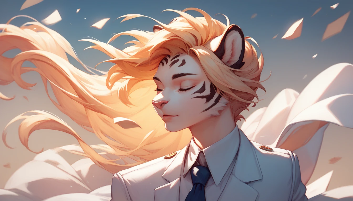 Art of a Fursona Tiger , in Mane hairstyle,  wearing a white suit , pose model, stopped, wind,  with eyes closed,  at night in low background lighting.