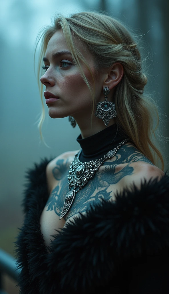 Scarlett Johansson tattooed and heavy makeup i a Lord Of The Rings setting. Seductive.