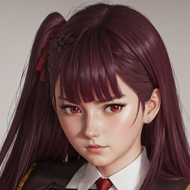      There is a woman with long hair who wears a suit and tie., colegiala hiperrealistic, a colegiala hiperrealistic, Realistic young anime girl     ,     Anime-style realism    ,  estilo de arte anime realistic ,  estilo de arte de anime realistic , Estilo anime 3D realistic, portrait of an anime girl,      artwork in the style of Guweiz     , Detailed portrait of an anime girl,     incredible anime face portrait    .  model,     of German origin (beautiful,elegant,sexy)  And Russian    (beautiful,sexy,linda) ,     just looking at the viewer  , (realistic:1.4), (:1.0), Ojos rojos,     Round pupils     (perfecta), eyelashes(perfecta),form (perfecta),form(better light), beautiful eyes, shirt, jacket, red tie,  white skin  ,  white skin  pálida, white skin(better light),(  burgundy hair color    ), Braid, (one side up:1.2), (     hair band   ), (blush, ashamed), (while getting angry),(Detailed, ultra-Detailed, high Detailed, ultra realistic 8k CG,     perfect artwork, lyrical), wooden table, flores, information,  no benefit   