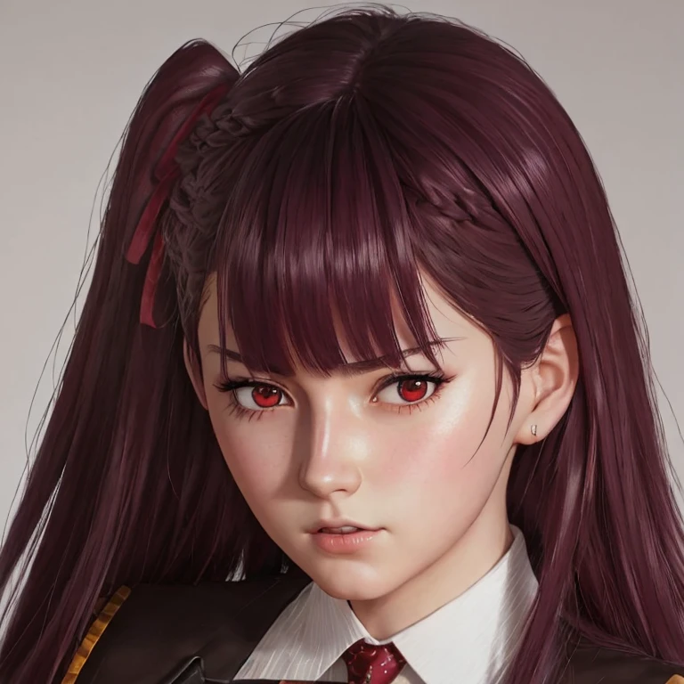      There is a woman with long hair who wears a suit and tie., colegiala hiperrealistic, a colegiala hiperrealistic, Realistic young anime girl     ,     Anime-style realism    ,  estilo de arte anime realistic ,  estilo de arte de anime realistic , Estilo anime 3D realistic, portrait of an anime girl,      artwork in the style of Guweiz     , Detailed portrait of an anime girl,     incredible anime face portrait    .  model,     of German origin (beautiful,elegant,sexy)  And Russian    (beautiful,sexy,linda) ,     just looking at the viewer  , (realistic:1.4), (:1.0), Ojos rojos,     Round pupils     (perfecta), eyelashes(perfecta),form (perfecta),form(better light), beautiful eyes, shirt, jacket, red tie,  white skin  ,  white skin  pálida, white skin(better light),(  burgundy hair color    ), Braid, (one side up:1.2), (     hair band   ), (blush, ashamed), (while getting angry),(Detailed, ultra-Detailed, high Detailed, ultra realistic 8k CG,     perfect artwork, lyrical), wooden table, flores, information,  no benefit   