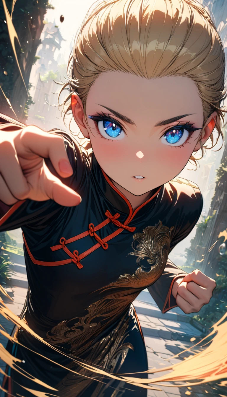 Speedy Shot,(Top quality masterpiece),detailed,ultra detailed,hyper detailed,insanely detailed,Exquisite,Beautiful Full HD,16k,cute,Fantasy,A vibrant academic community,Soft line design,Soft　Surface,Simple line drawing,The best light,Fast Shutter Speed,  depth of border described,Highly saturated colors,BREAK,
(14yo),skinny,flat chested,(forehead,hair slicked back:1.3),Beautiful blonde hair,(blue eyes),(black nodoka glasses),thick bluish eyeshadow, thin eyebrows, thick black eyeliner, Highlighted eyes with eyeliner, false eyelashes,BREAK,
Chinese dress, drunken fist pose