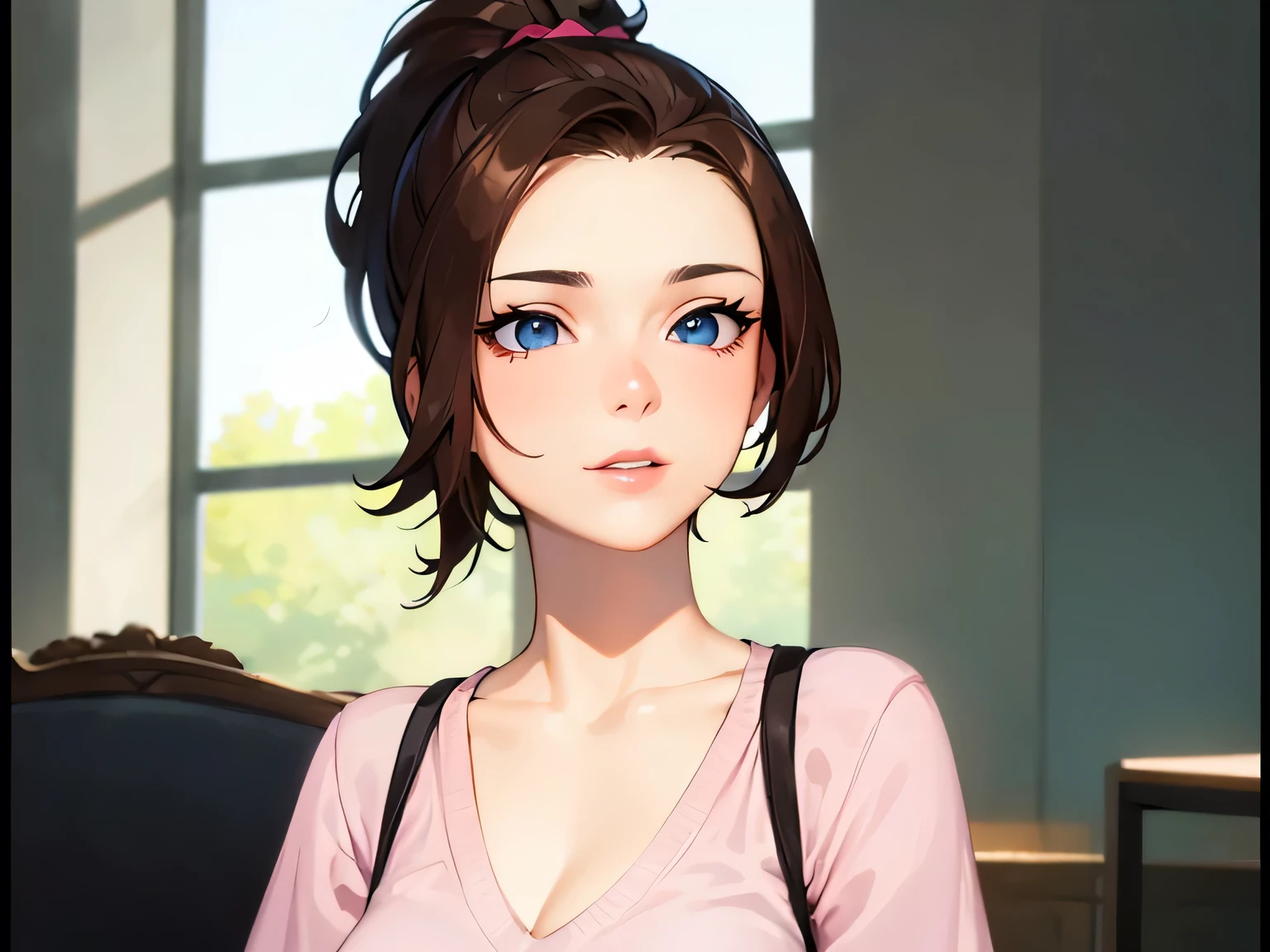 (masterpiece, best quality:1.2) 1girl, woman in her early 20s, pink shirt, face close-up, brown hair, ponytail, indoors, blue eyes, lipstick, looking at viewer, vixi_c1