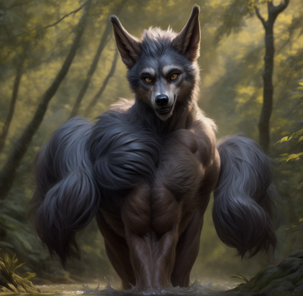 ultra-detailed, masterpiece, masterwork, high quality, best quality, hdr, (nature), posted on e621, (by Chunie ), nsfw, male, solo, (chibi), ((nude, micropneis, foreskin, perfect balls)), (white body werewolf), werewolf, (chubby  body), (long silver hair, yellow eyes), standing, front view, dynamic angle